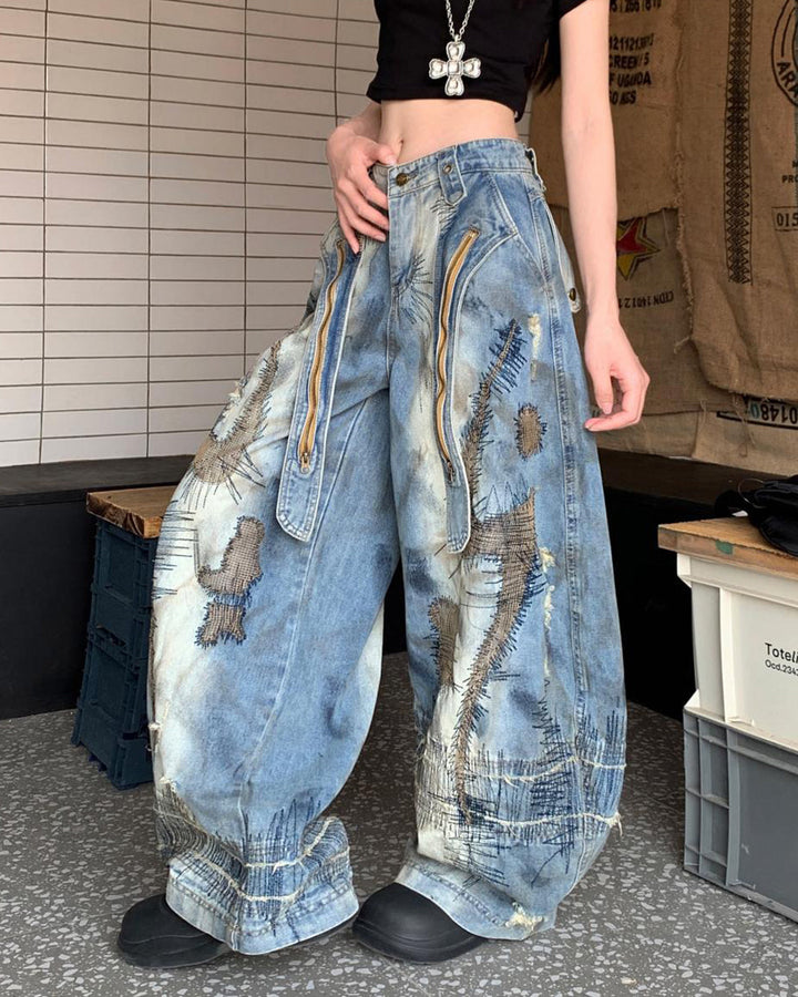 Vintage-Style Oversized Sketch Jeans - Vedlit