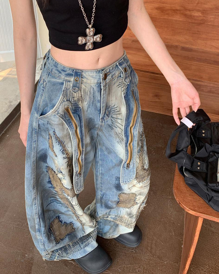 Vintage-Style Oversized Sketch Jeans - Vedlit