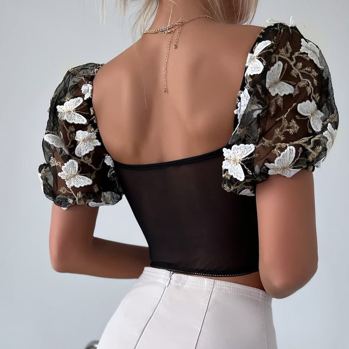 White Black Floral Embroidery Mesh Puff Sleeve Crop Top - Vedlit