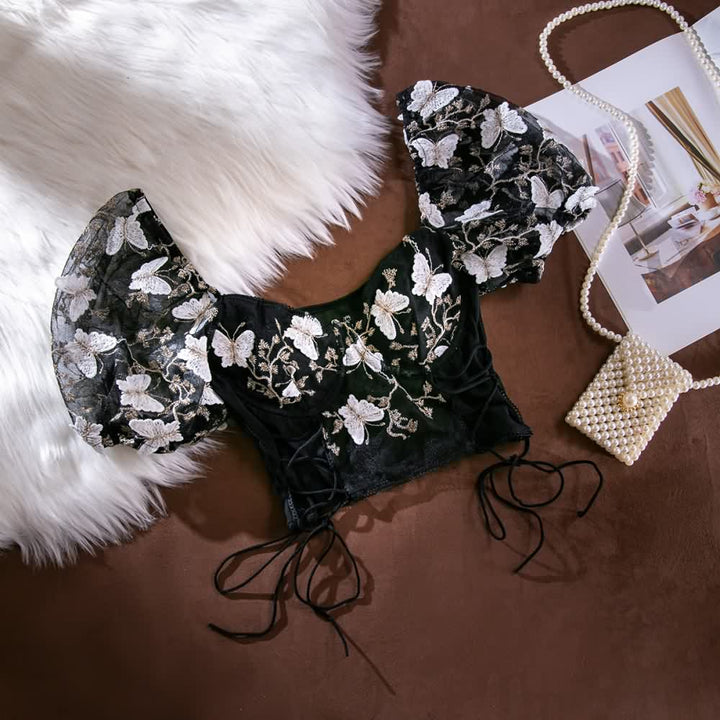 White Black Floral Embroidery Mesh Puff Sleeve Crop Top - Vedlit