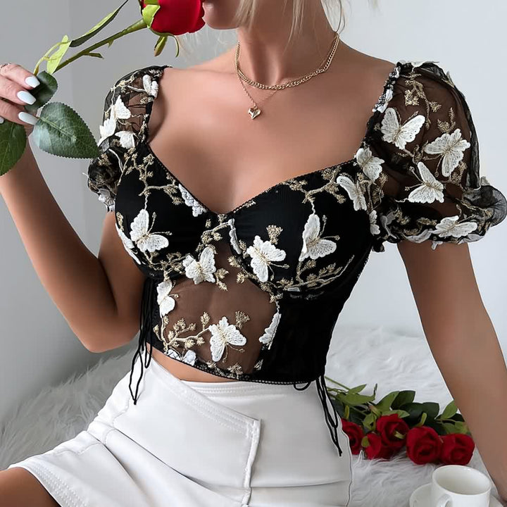 White Black Floral Embroidery Mesh Puff Sleeve Crop Top - Vedlit