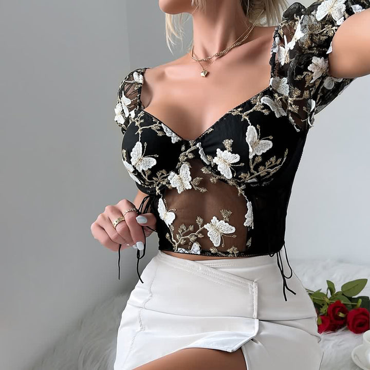 White Black Floral Embroidery Mesh Puff Sleeve Crop Top - Vedlit