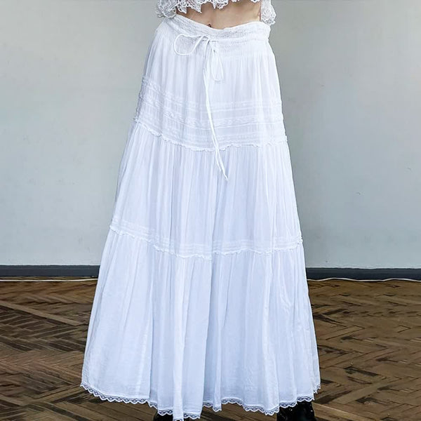 White Coquette Lace Tiered Maxi Skirt - Vedlit