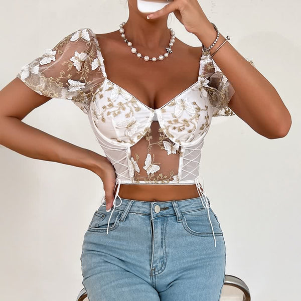 White Floral Embroidery Mesh Puff Sleeve Crop Top - Vedlit