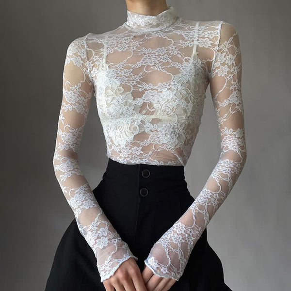 White Floral Lace Long Sleeve Top - Vedlit