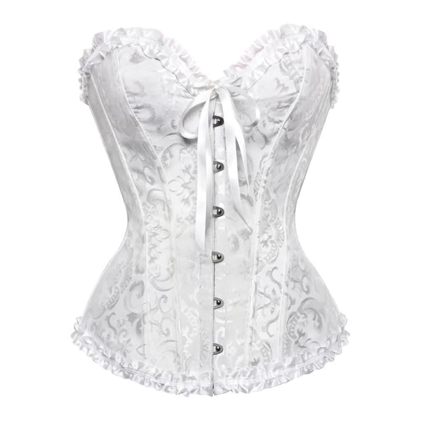 White Gothic Ruffle Trim Hourglass Overbust Corset - Vedlit