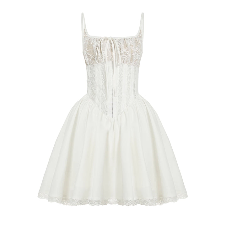White Lace Corset Mini Dress with Puff Skirt Elegance - Vedlit