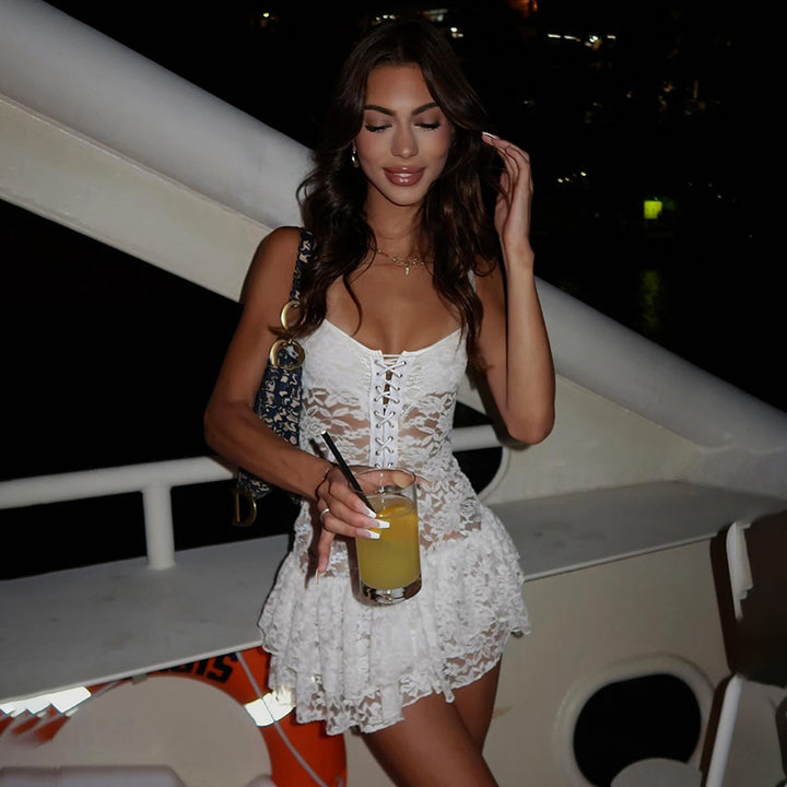White Lace Corset Mini Dress with Ruffle Hem - Vedlit