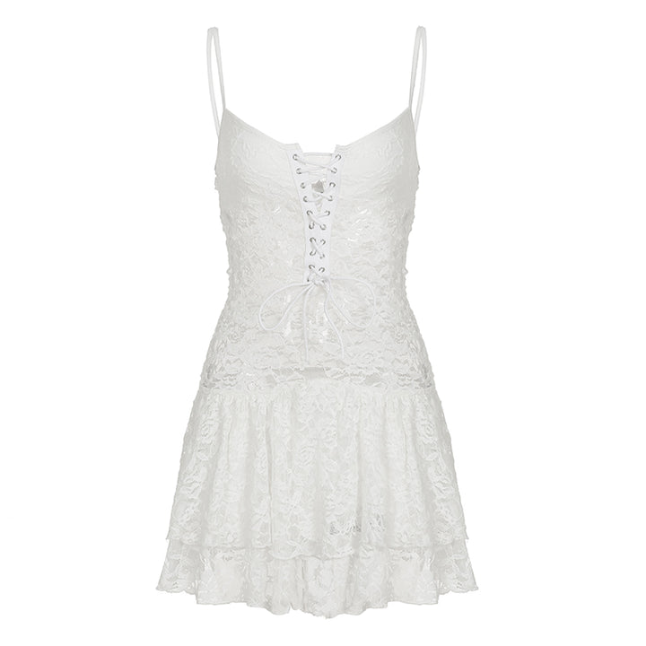 White Lace Corset Mini Dress with Ruffle Hem - Vedlit