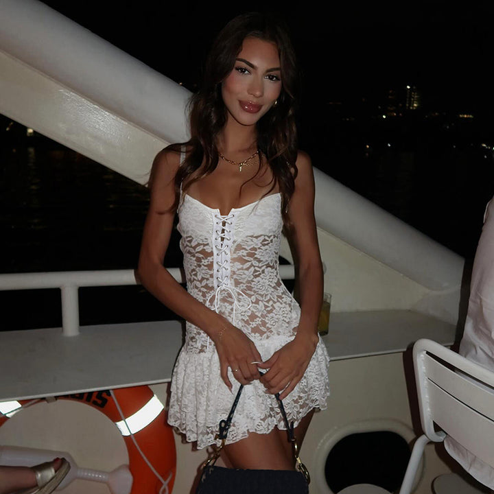 White Lace Corset Mini Dress with Ruffle Hem - Vedlit
