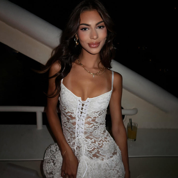 White Lace Corset Mini Dress with Ruffle Hem - Vedlit