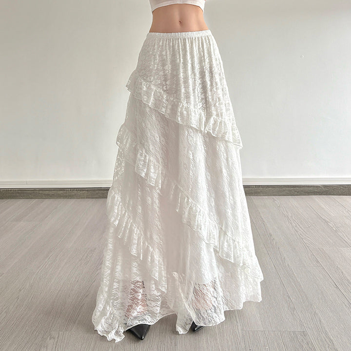 White Lace Ruffle Tiered Maxi Skirt A-Line Boho Style - Vedlit