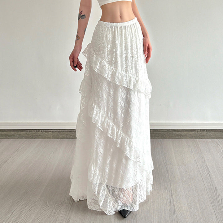 White Lace Ruffle Tiered Maxi Skirt A-Line Boho Style - Vedlit