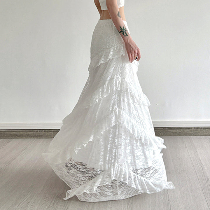 White Lace Ruffle Tiered Maxi Skirt A-Line Boho Style - Vedlit