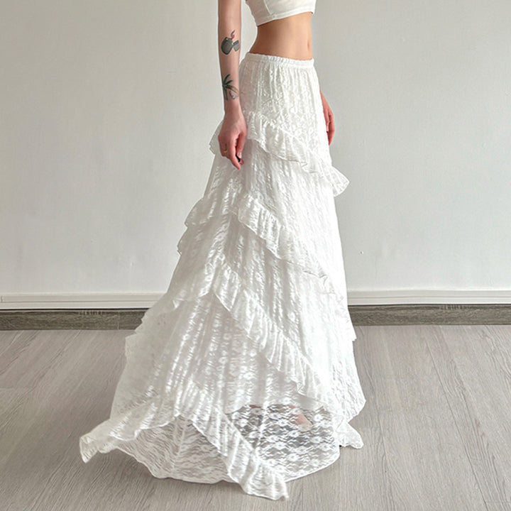 White Lace Ruffle Tiered Maxi Skirt A-Line Boho Style - Vedlit