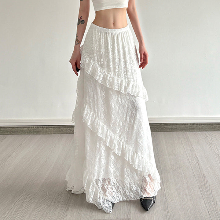 White Lace Ruffle Tiered Maxi Skirt A-Line Boho Style - Vedlit