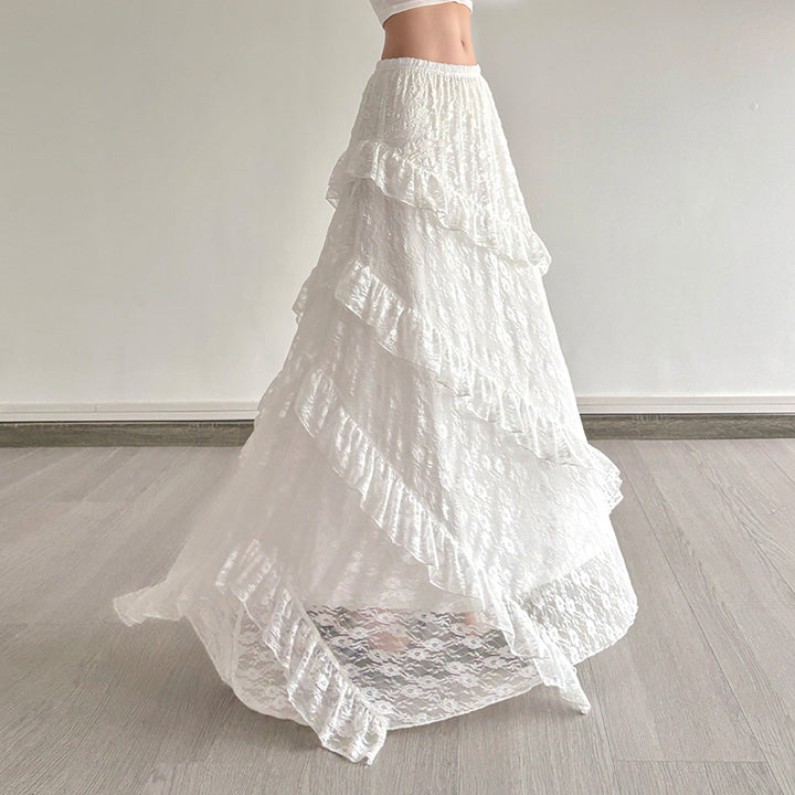 White Lace Ruffle Tiered Maxi Skirt A-Line Boho Style - Vedlit