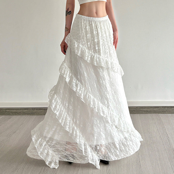 White Lace Ruffle Tiered Maxi Skirt A-Line Boho Style - Vedlit