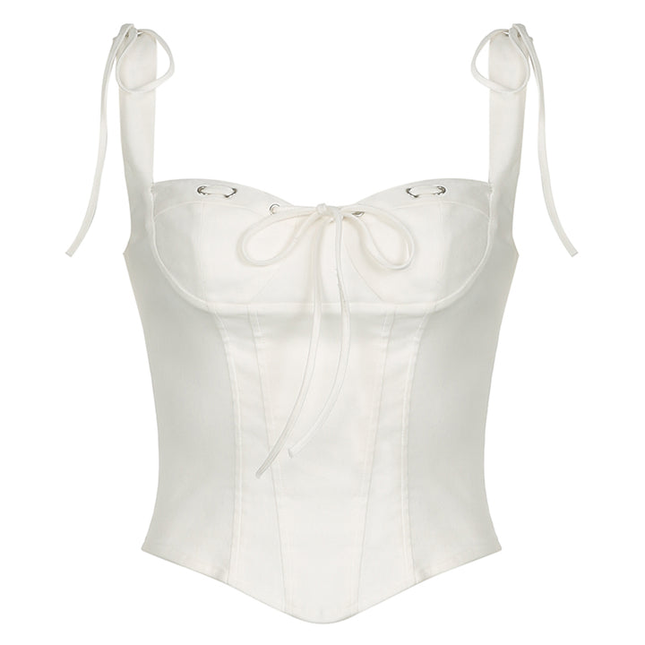 White Lace-Up Corset Tank Top with Bow Tie Straps - Vedlit