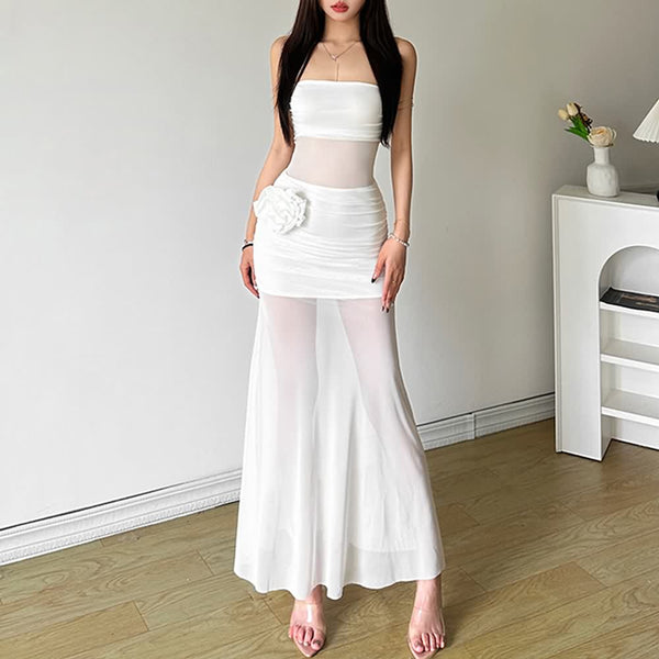 White Mesh Off The Shoulder Maxi Dress - Vedlit