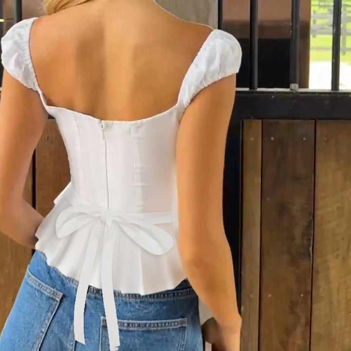 White Puff Sleeve Corset Top with Tie Back – Romantic Fit - Vedlit