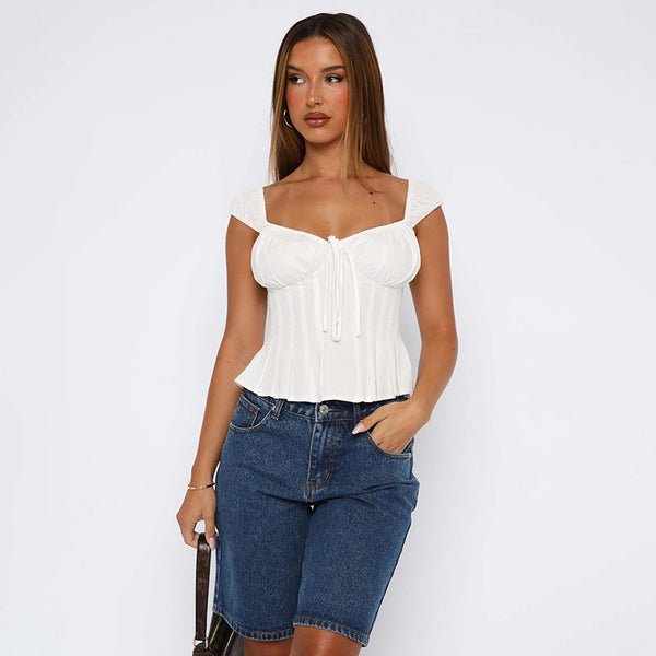 White Puff Sleeve Corset Top with Tie Back – Romantic Fit - Vedlit