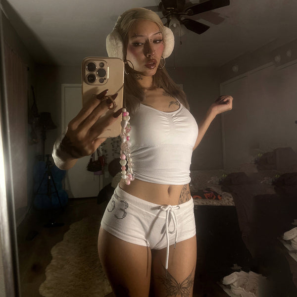 White Rhinestone “53” Lounge Shorts with Drawstring Waist - Vedlit