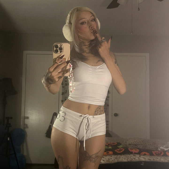 White Rhinestone “53” Lounge Shorts with Drawstring Waist - Vedlit