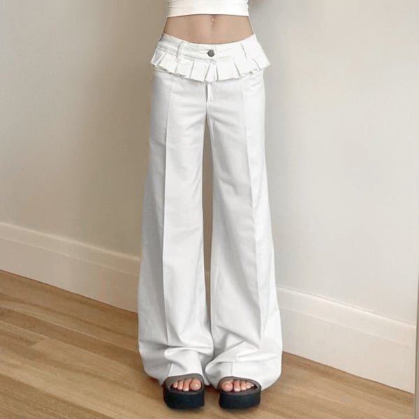 White Ruffle Waist Wide Leg High Rise Trousers - Vedlit