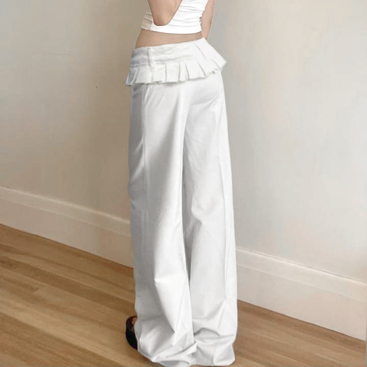White Ruffle Waist Wide Leg High Rise Trousers - Vedlit