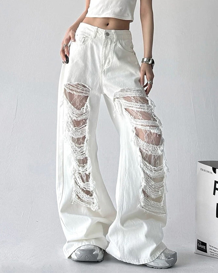 Ripped Lace Baggy Jeans - Vedlit