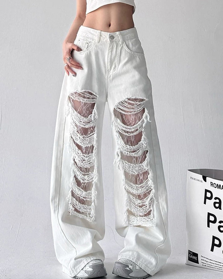 Ripped Lace Baggy Jeans - Vedlit