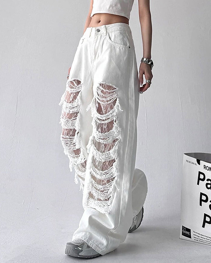 Ripped Lace Baggy Jeans - Vedlit