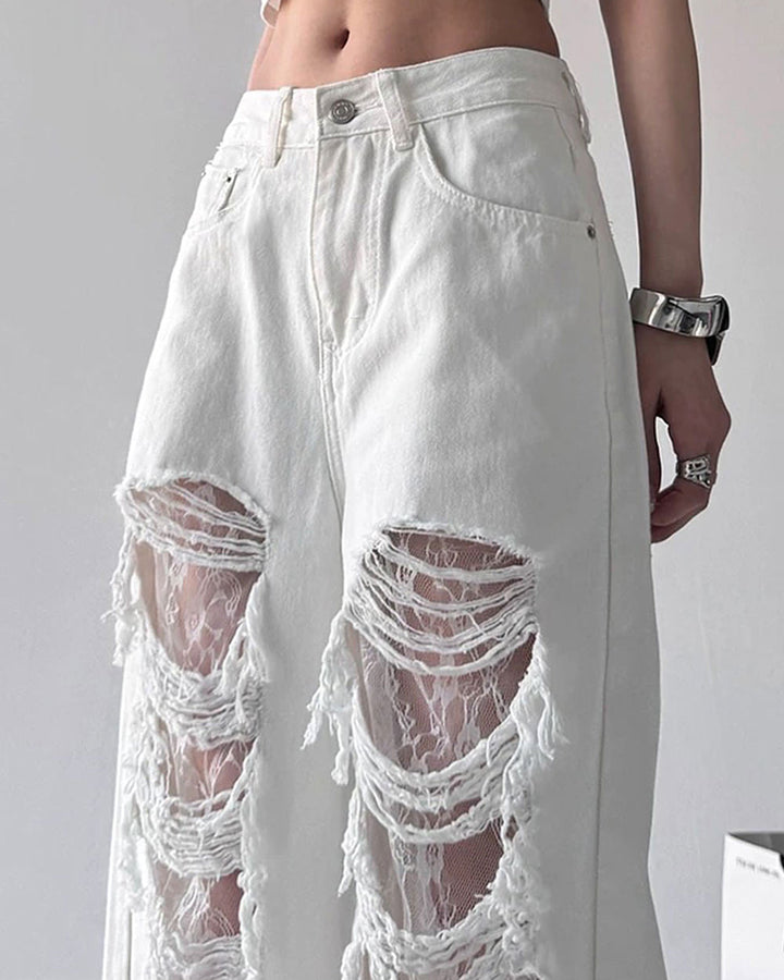 Ripped Lace Baggy Jeans - Vedlit