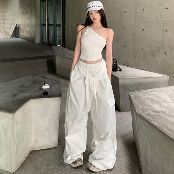 Wide Leg Cargo Pants with Tie Waist and Pockets - White - Vedlit