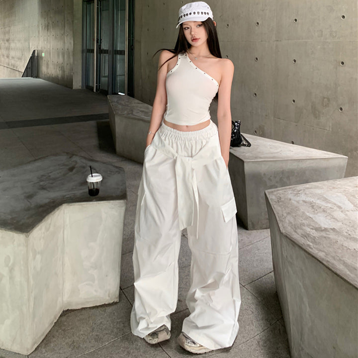Wide Leg Cargo Pants with Tie Waist and Pockets - White - Vedlit