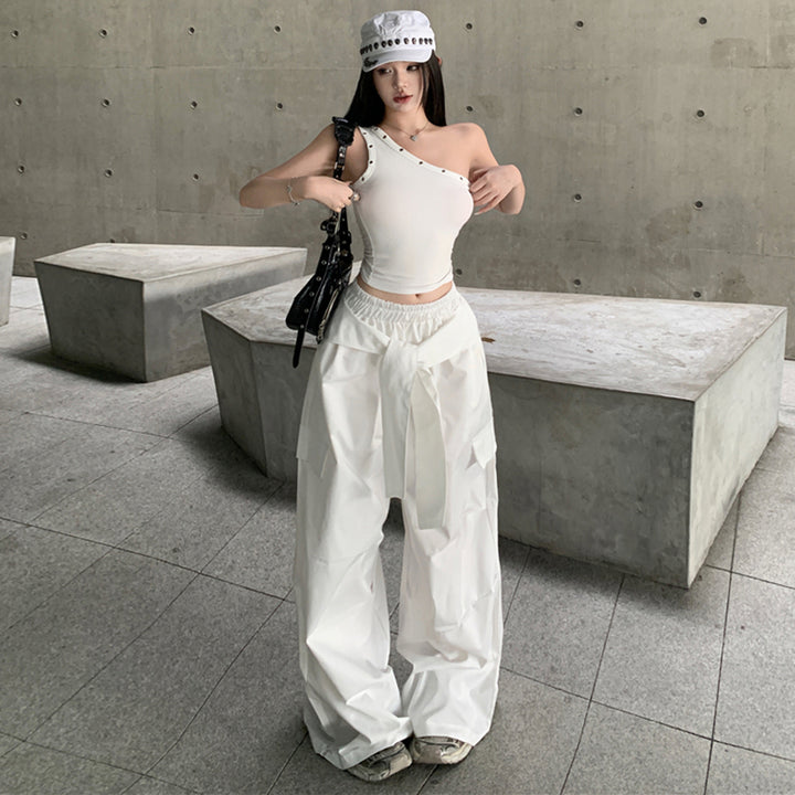 Wide Leg Cargo Pants with Tie Waist and Pockets - White - Vedlit