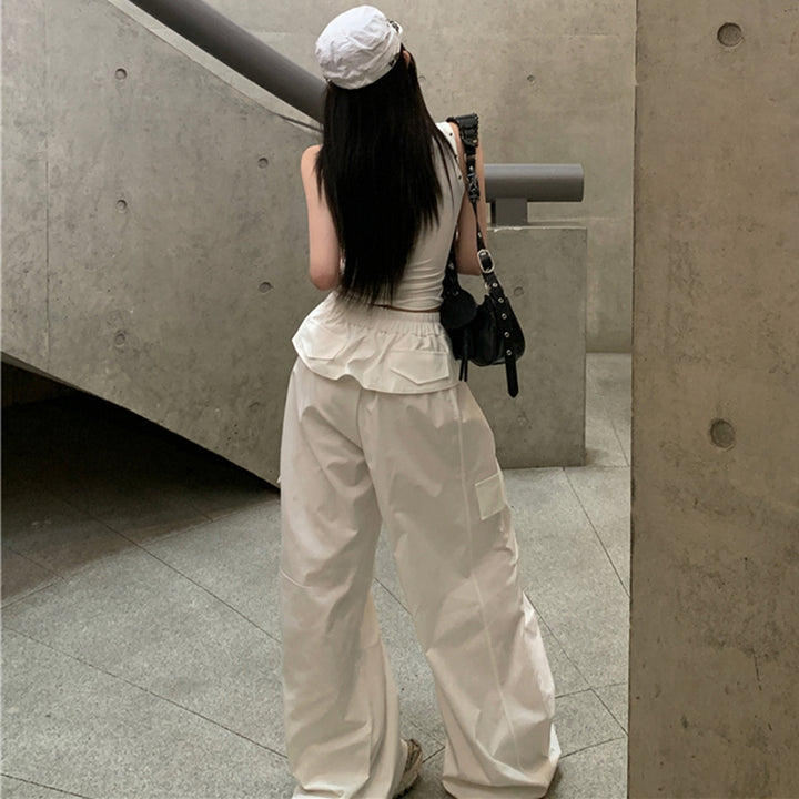 Wide Leg Cargo Pants with Tie Waist and Pockets - White - Vedlit
