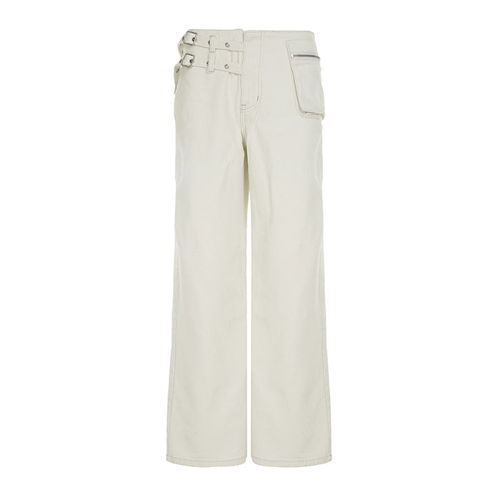 Wide Leg High Waist White Denim Pants with Buckle Detail - Vedlit