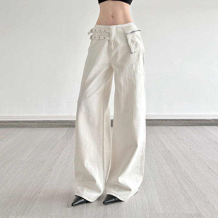 Wide Leg High Waist White Denim Pants with Buckle Detail - Vedlit