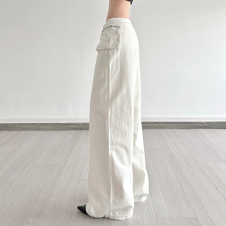 Wide Leg High Waist White Denim Pants with Buckle Detail - Vedlit