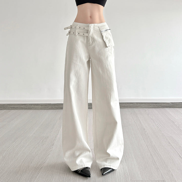 Wide Leg High Waist White Denim Pants with Buckle Detail - Vedlit