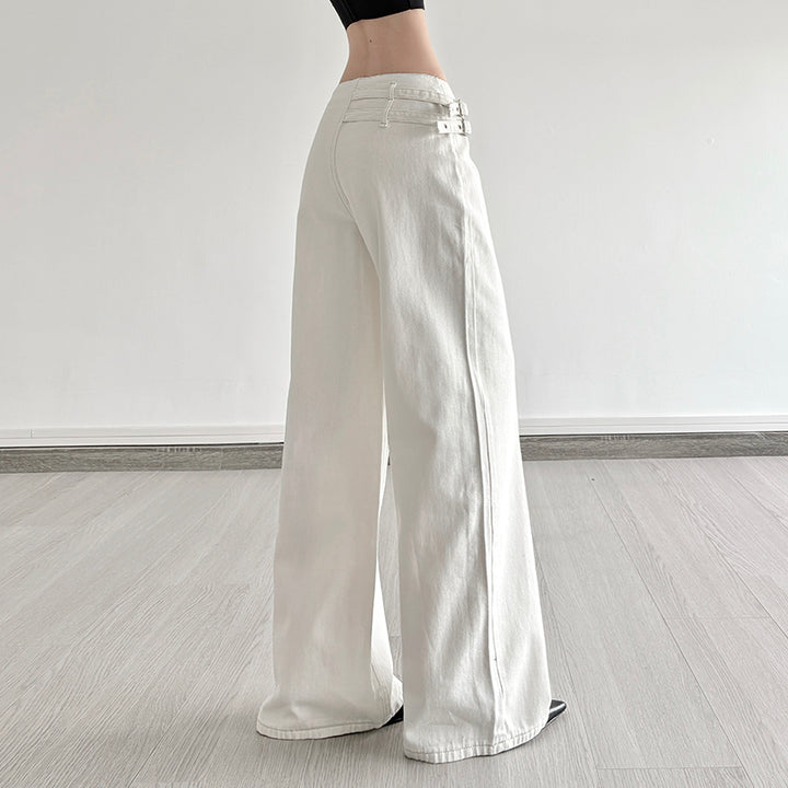 Wide Leg High Waist White Denim Pants with Buckle Detail - Vedlit