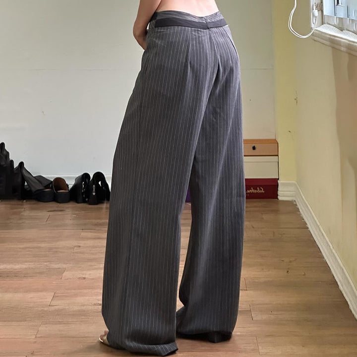 Wide-Leg Pinstripe Trousers with Contrast Waistband - Vedlit