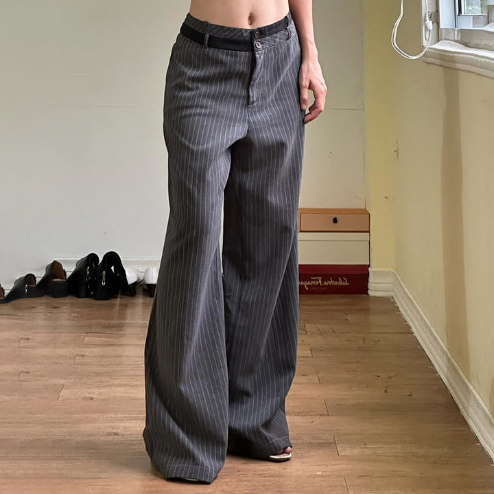 Wide-Leg Pinstripe Trousers with Contrast Waistband - Vedlit