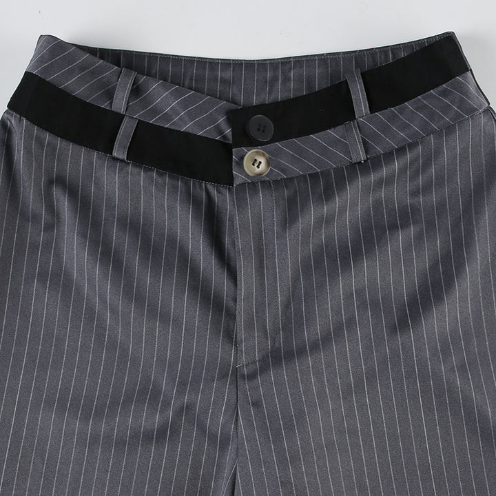 Wide-Leg Pinstripe Trousers with Contrast Waistband - Vedlit