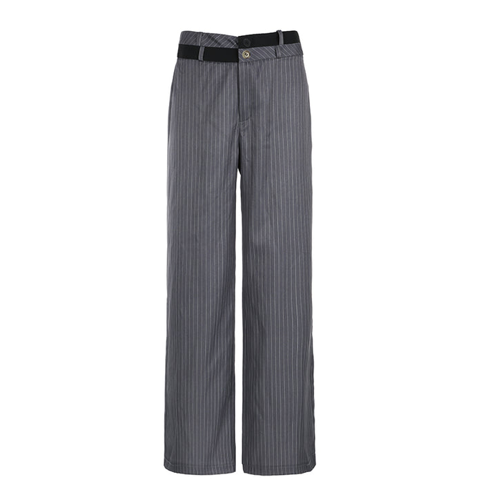 Wide-Leg Pinstripe Trousers with Contrast Waistband - Vedlit