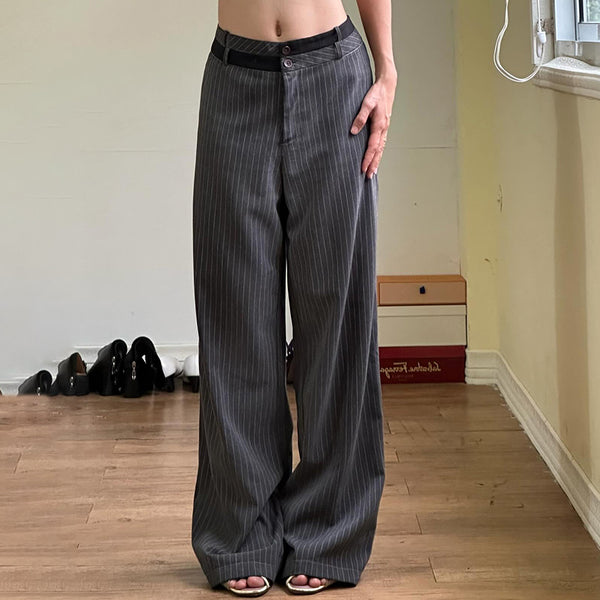 Wide-Leg Pinstripe Trousers with Contrast Waistband - Vedlit