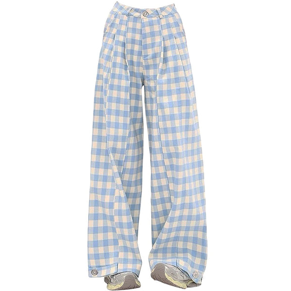 Wide-Leg Blue Gingham Trousers - Vedlit