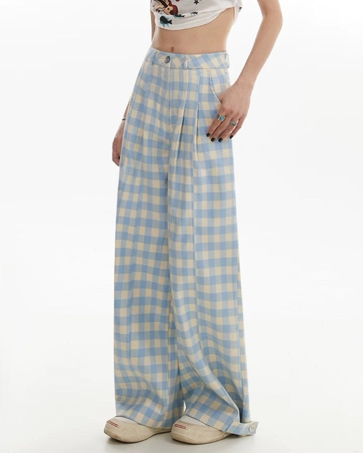 Wide-Leg Blue Gingham Trousers - Vedlit